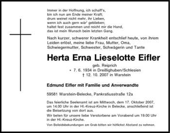 Traueranzeige von Herta Erna Lieselotte Eifler von Tageszeitung