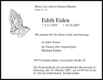 Traueranzeige von Edith Eiden von Tageszeitung