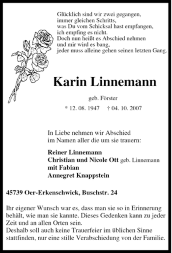 Traueranzeige von Karin Linnemann von Tageszeitung