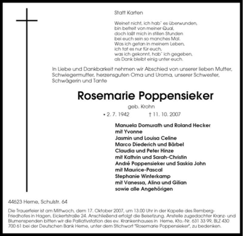  Traueranzeige für Rosemarie Poppensieker vom 13.10.2007 aus Tageszeitung