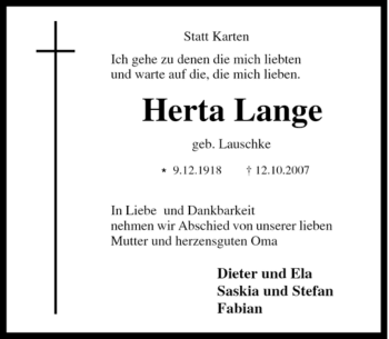 Traueranzeige von Herta Lange von Tageszeitung