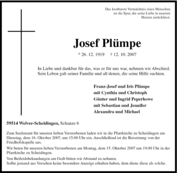 Traueranzeige von Josef Plümpe von Tageszeitung