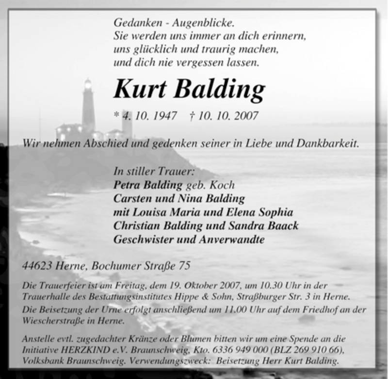  Traueranzeige für Kurt Balding vom 13.10.2007 aus Tageszeitung