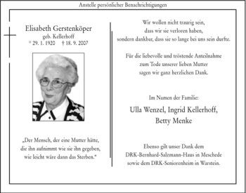 Traueranzeige von Elisabeth Gerstenköper von Tageszeitung