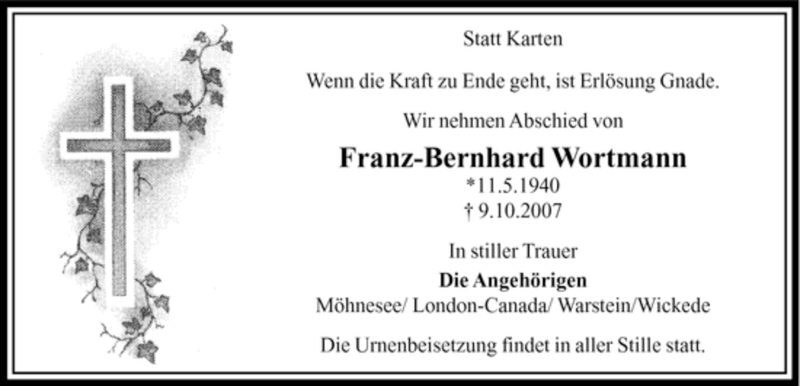  Traueranzeige für Franz-Bernhard Wortmann vom 13.10.2007 aus Tageszeitung