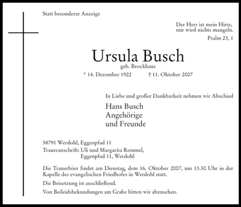  Traueranzeige für Ursula Busch vom 13.10.2007 aus Tageszeitung