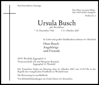 Traueranzeige von Ursula Busch von Tageszeitung