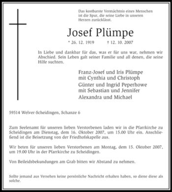 Traueranzeige von Josef Plümpe von Tageszeitung