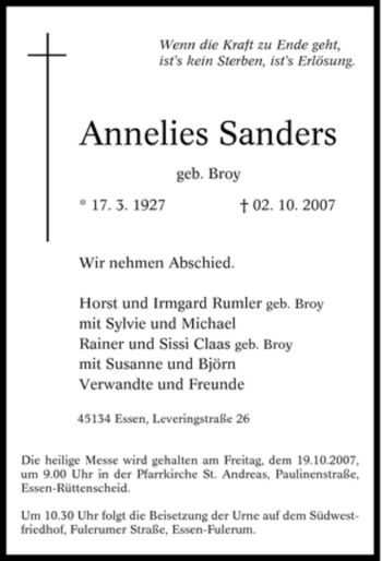 Traueranzeige von Annelies Sanders von Tageszeitung
