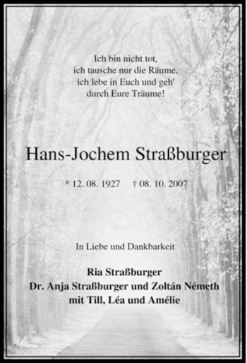 Traueranzeige von Hans-Jochem Straßburger von Tageszeitung