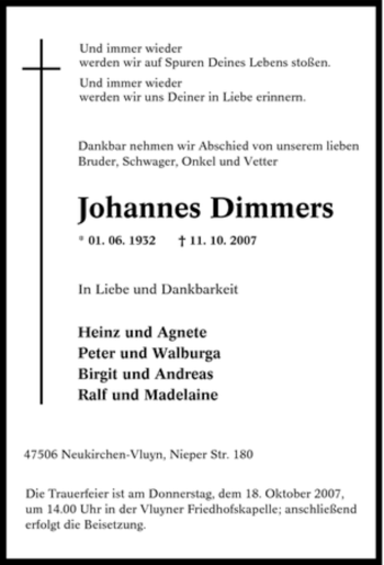 Traueranzeige von Johannes Dimmers von Tageszeitung