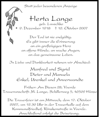 Traueranzeige von Herta Lange von Tageszeitung