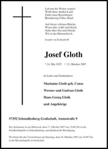 Traueranzeige von Josef Gloth von Tageszeitung