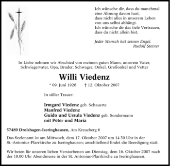 Traueranzeige von Willi Viedenz von Tageszeitung