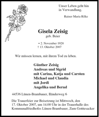 Traueranzeige von Gisela Zeisig von Tageszeitung