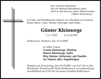 Traueranzeige von Günter Kleinsorge von Tageszeitung
