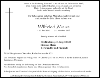 Traueranzeige von Wilfried Maus von Tageszeitung