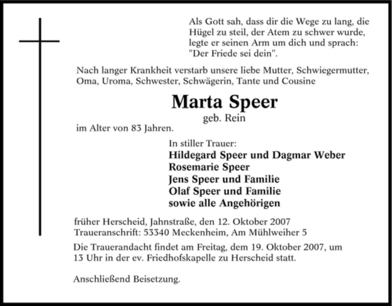  Traueranzeige für Marta Speer vom 15.10.2007 aus Tageszeitung