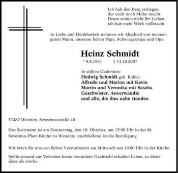 Traueranzeige von Heinz Schmidt von Tageszeitung