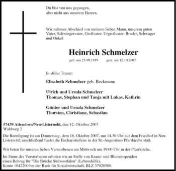 Traueranzeige von Heinrich Schmelzer von Tageszeitung