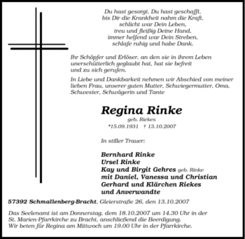 Traueranzeige von Regina Rinke von Tageszeitung