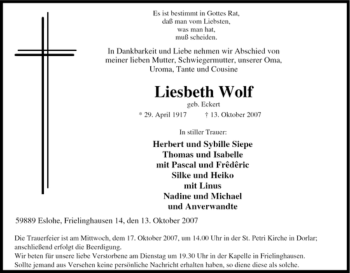 Traueranzeige von Liesbeth Wolf von Tageszeitung