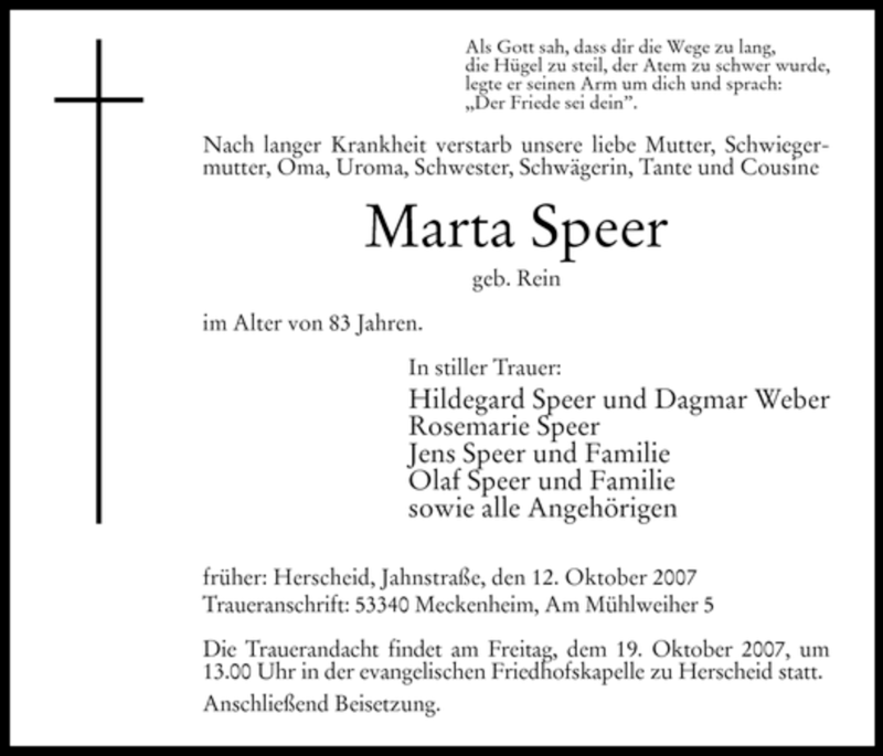  Traueranzeige für Marta Speer vom 15.10.2007 aus Tageszeitung