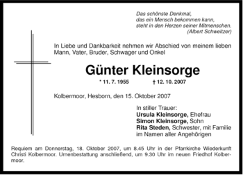Traueranzeige von Günter Kleinsorge von Tageszeitung