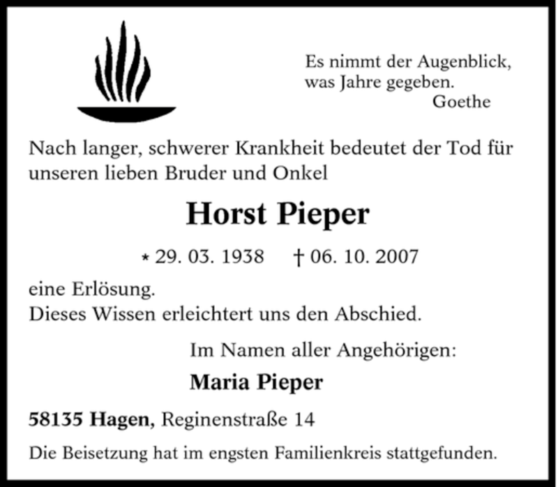  Traueranzeige für Horst Pieper vom 16.10.2007 aus Tageszeitung