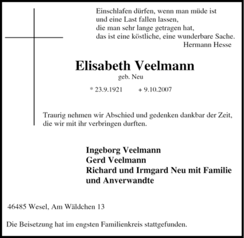  Traueranzeige für Elisabeth Veelmann vom 16.10.2007 aus Tageszeitung