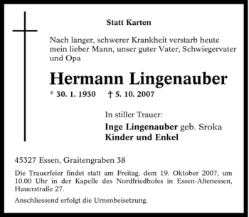 Traueranzeige von Hermann Lingenauber von Tageszeitung