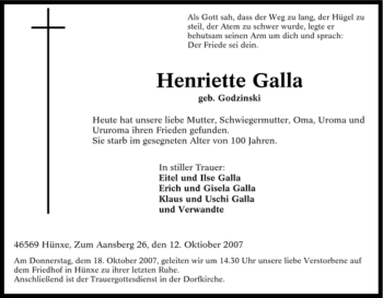 Traueranzeige von Henriette Galla von Tageszeitung