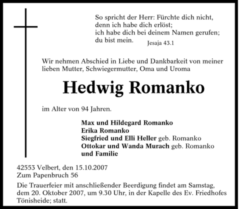  Traueranzeige für Hedwig Romanko vom 16.10.2007 aus Tageszeitung