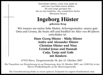 Traueranzeige von Ingeborg Hüster von Tageszeitung
