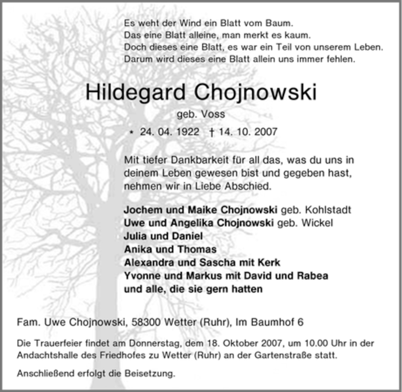  Traueranzeige für Hildegard Chojnowski vom 16.10.2007 aus Tageszeitung