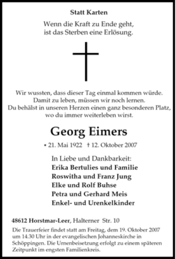 Traueranzeige von Georg Eimers von Tageszeitung