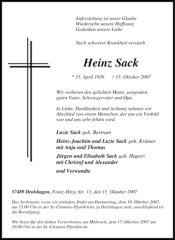 Traueranzeige von Heinz Sack von Tageszeitung