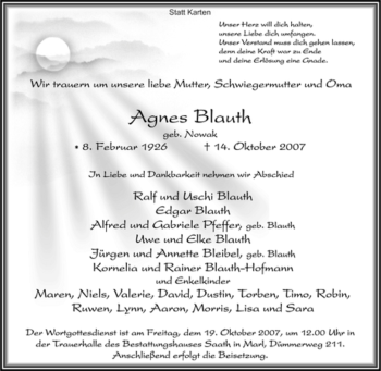 Traueranzeige von Agnes Blauth von Tageszeitung