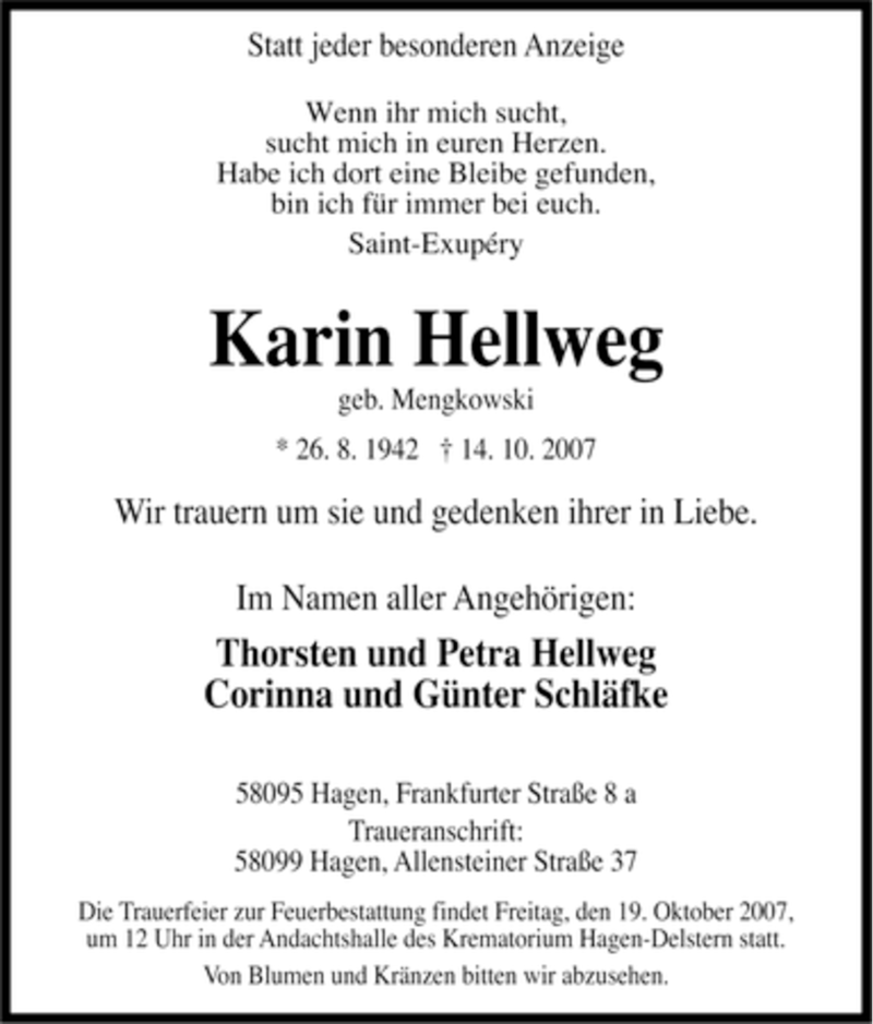  Traueranzeige für Karin Hellweg vom 16.10.2007 aus Tageszeitung