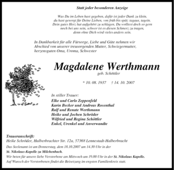 Traueranzeige von Magdalene Werthmann von Tageszeitung