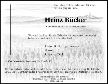 Traueranzeige von Heinz Bücker von Tageszeitung