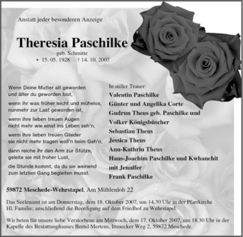 Traueranzeige von Theresia Paschilke von Tageszeitung