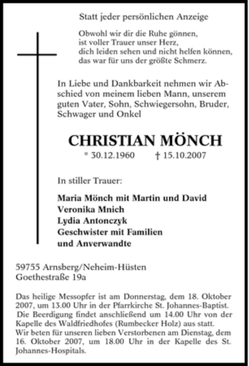Traueranzeige von Christian Mönch von Tageszeitung