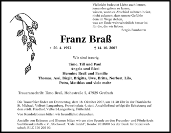 Traueranzeige von Franz Braß von Tageszeitung