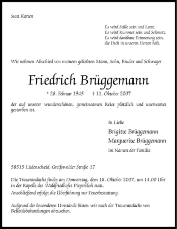 Traueranzeige von Friedrich Brüggemann von Tageszeitung