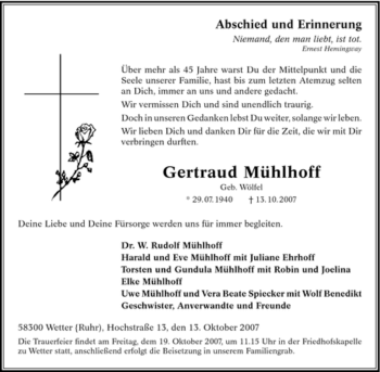 Traueranzeige von Gertraud Mühlhoff von Tageszeitung