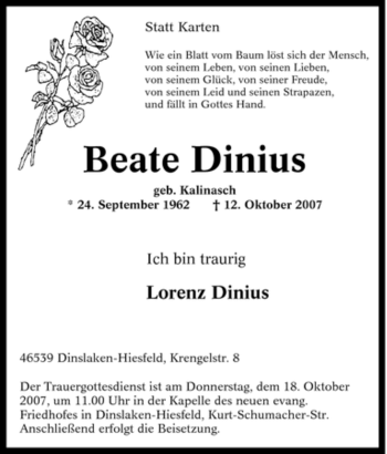 Traueranzeige von Beate Dinius von Tageszeitung