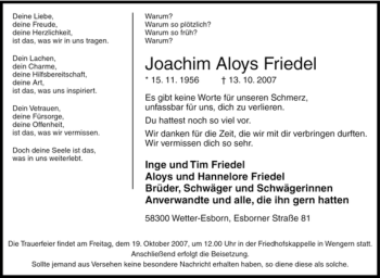 Traueranzeige von Joachim Aloys Friedel von Tageszeitung