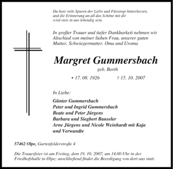 Traueranzeige von Margret Gummersbach von Tageszeitung