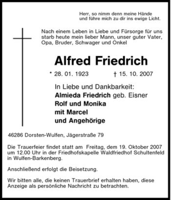 Traueranzeige von Alfred Friedrich von Tageszeitung